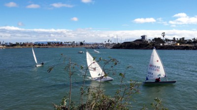 Three sailboats practicing in Ventura Harbor Three sailboats practicing in Ventura Harbor